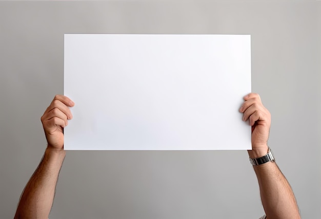 Las manos generativas de ai sostienen una hoja de papel en blanco con un fondo blanco.