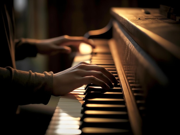 Manos generativas de IA de una joven pianista en el teclado del piano