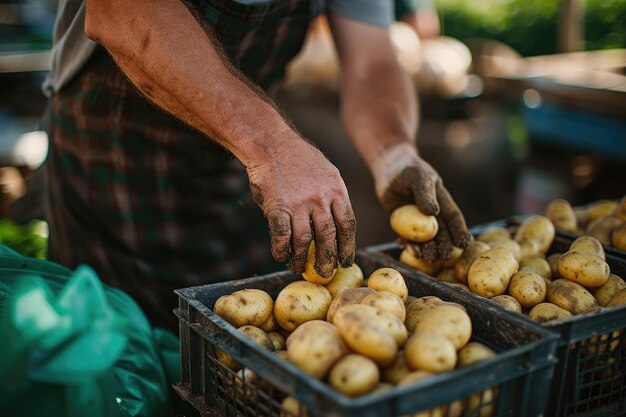 Foto las manos de un granjero cosechando patatas generative ai