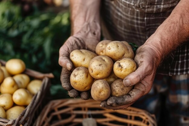 Las manos de un granjero cosechando patatas Generative Ai