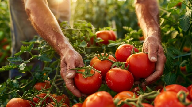 Las manos de un granjero recogiendo la cosecha de tomates a la luz del sol de la mañana verduras frescas y saludables