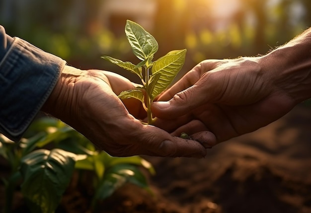 Manos de granjero sobre plantas de granja imagen realista diseño ultra hd alto muy detallado