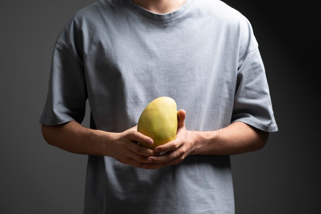 Manos de granjero sosteniendo una gran fruta fresca de mango amarillo maduro