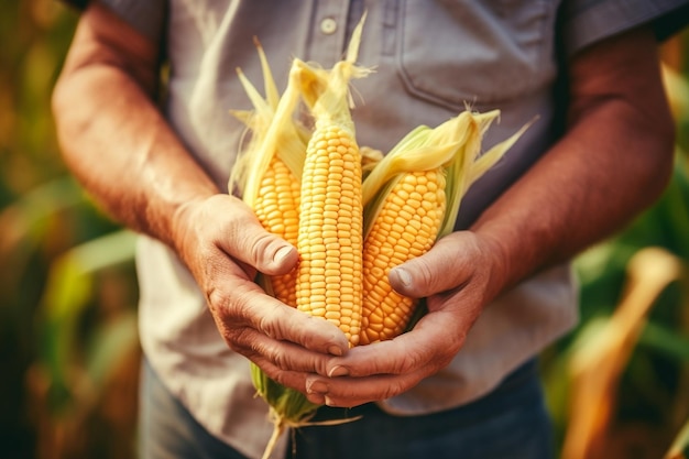 Manos de granjero sosteniendo IA generativa de primer plano de maíz
