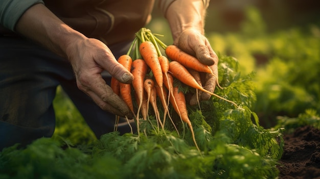 Las manos del granjero sostienen zanahorias Agricultura jardinería cultivo de verduras creadas con tecnología de IA generativa