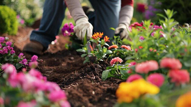 Las manos del guante trasplantan cuidadosamente la flor de colores en el suelo del jardín