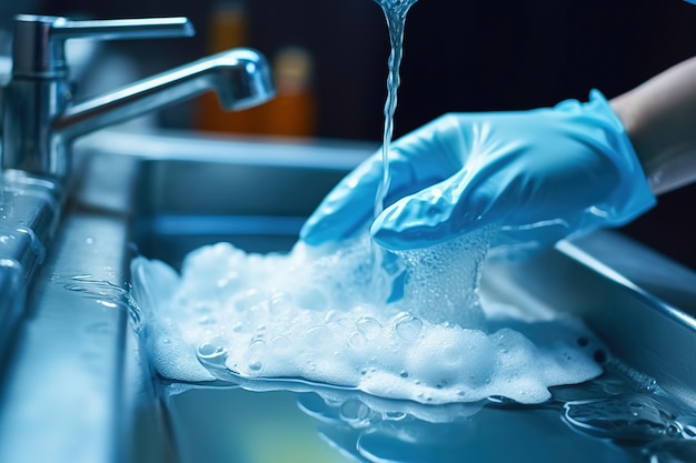 Foto manos con guantes azules en un fregadero con agua jabonosa