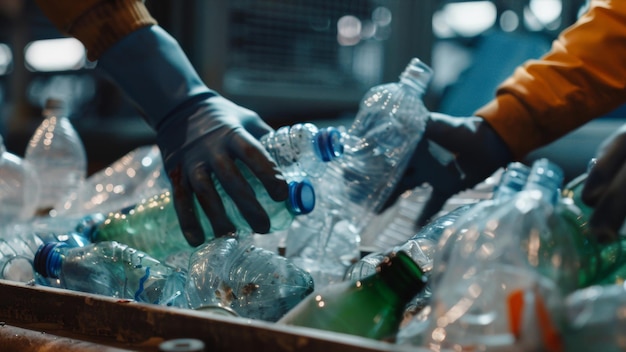 Manos con guantes clasificando un mar de botellas de plástico un paso vital para el reciclaje efectivo y la sostenibilidad