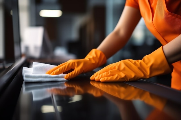 Foto manos con guantes de goma naranja limpiando el escritorio de trabajo ia generativa