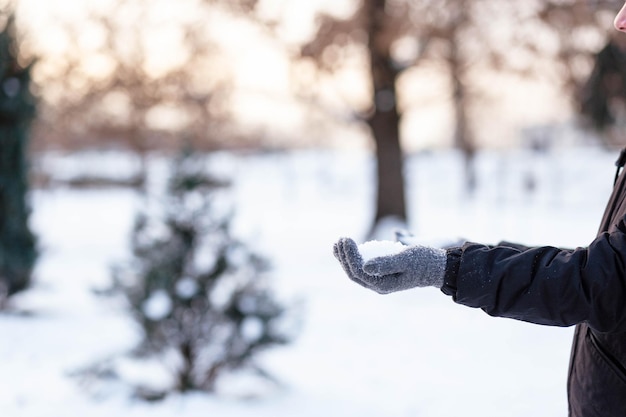 Manos en guantes grises de invierno Palma con un guante en la nieve El tipo arrojó nieve