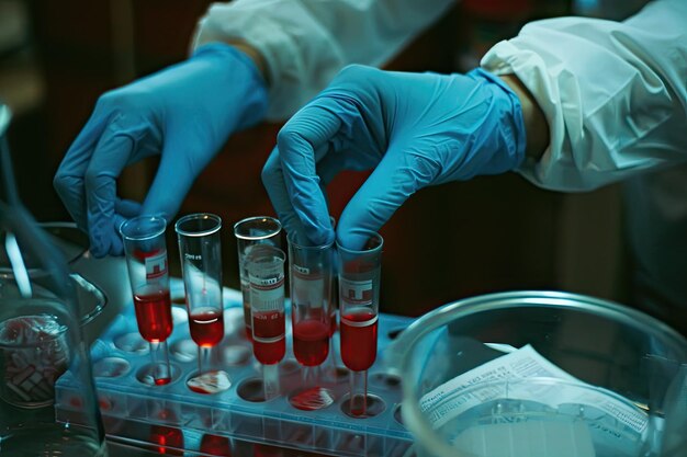 Foto manos con guantes haciendo un análisis de sangre en el laboratorio