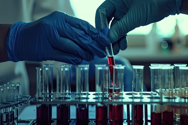 Foto manos con guantes haciendo un análisis de sangre en el laboratorio