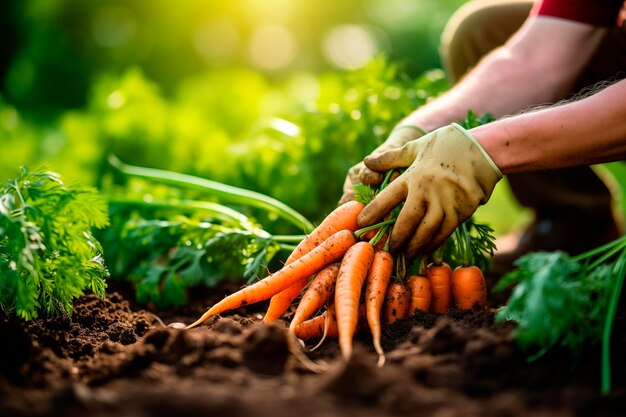 Manos con guantes de jardinería cosechando zanahorias frescas del suelo rico en un jardín