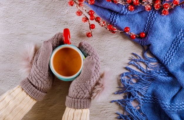 Manos en guantes de lana tejida con taza de cacao caliente