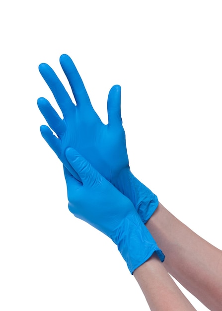 Manos en guantes de látex médico médico azul aislado sobre fondo blanco.