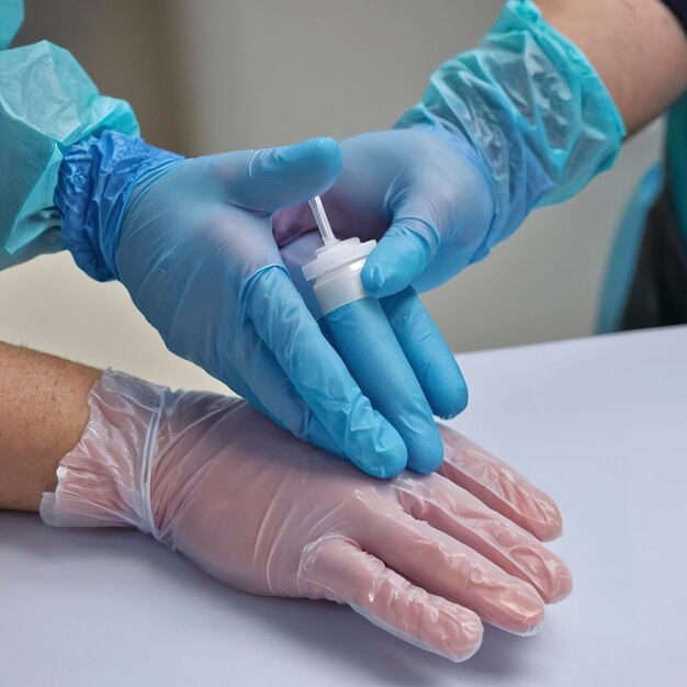 Manos con guantes de protección sosteniendo una vacuna