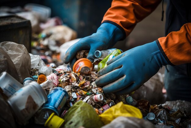 Foto manos con guantes recogiendo basura