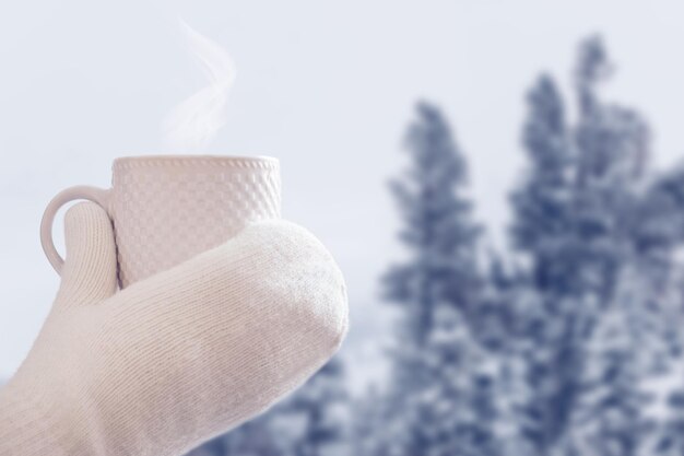 Las manos con guantes sostienen una taza blanca con una bebida caliente contra el fondo de un bosque cubierto de nieve