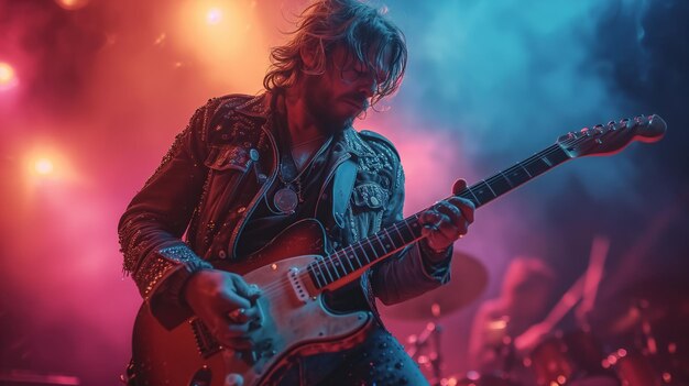 Las manos de la guitarra rock tocando un soulful solo en el gran escenario Generative Ai