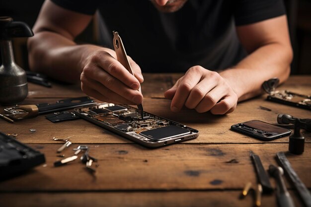 Foto manos hábiles de un hombre reparando un teléfono móvil