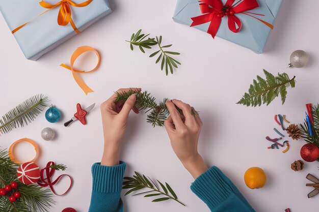 Las manos hacen decoraciones navideñas con materiales naturales