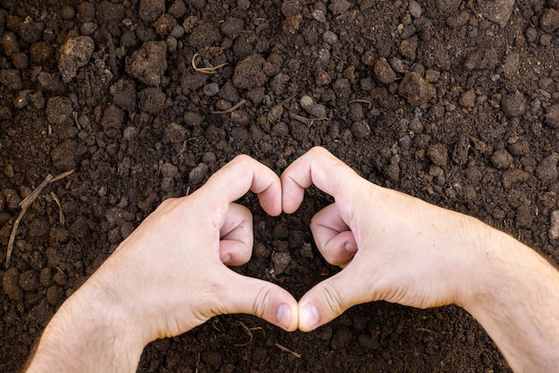 Foto las manos hacen el signo del corazón en el suelo simboliza la agricultura la naturaleza y la energía renovable