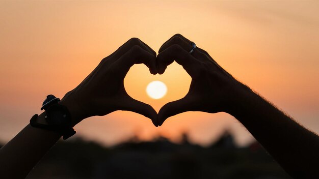 manos haciendo un corazón con el sol detrás de ellos