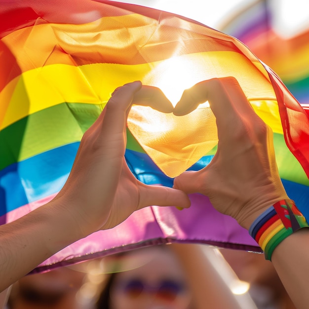 manos haciendo forma de corazón con bandera arco iris durante la celebración del desfile del orgullo