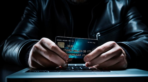 Manos de un hacker anónimo con tarjeta de crédito y usando una computadora portátil Cibercriminal Ciberseguridad