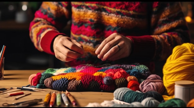 Foto las manos de la herencia cultural trabajando en patrones textiles mayas coloridos y complejos