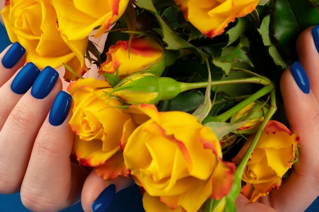 Manos hermosas de la mujer con la manicura que sostiene rosas contra fondo azul clásico