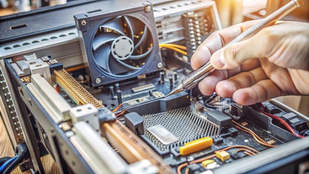 manos con herramientas para reparar computadora