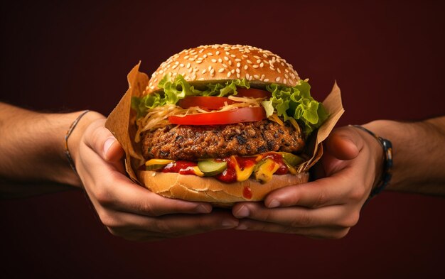 Las manos de un hombre agarrando una hamburguesa y papas fritas