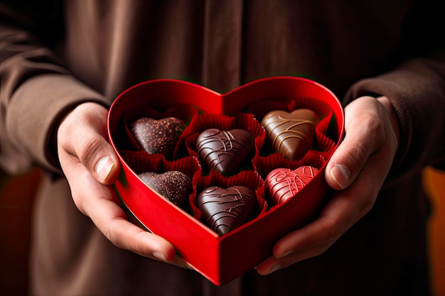 Foto las manos de un hombre con una caja de chocolates en forma de corazón