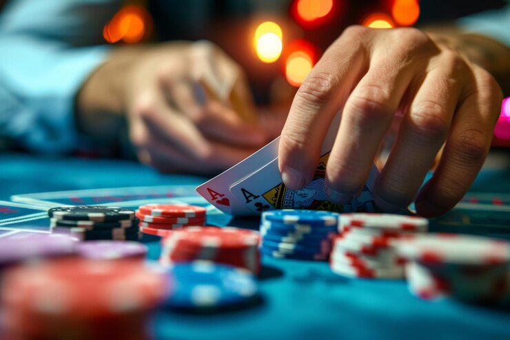 Manos de hombre croupier baraja cartas de póquer en un casino