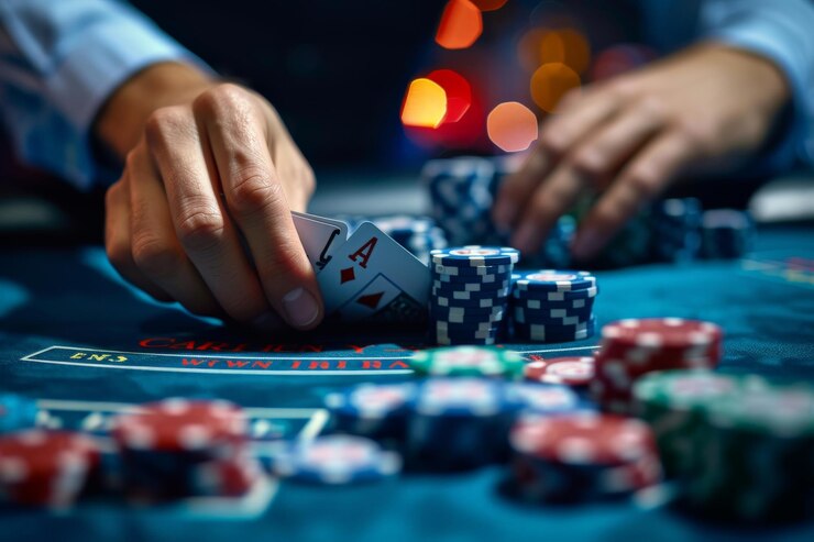 Manos de hombre croupier baraja cartas de póquer en un casino