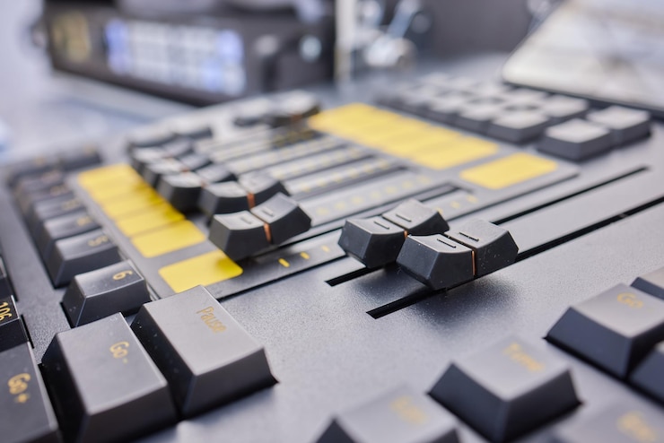 Foto manos de hombre de ingeniero de sonido ajustando la consola de mezclas de audio