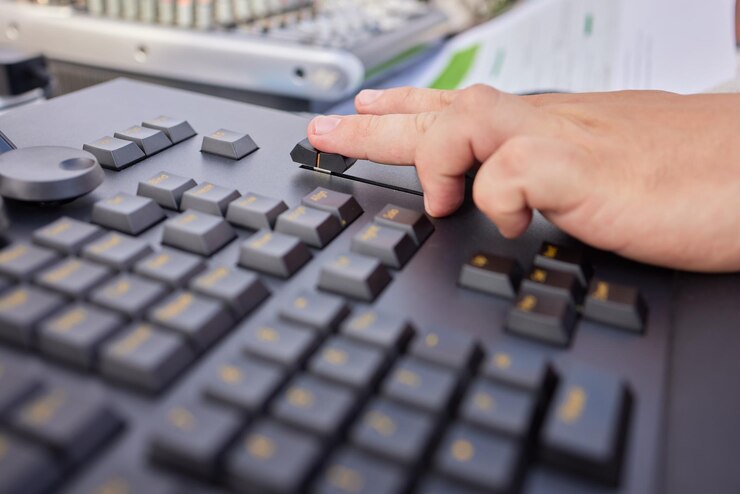 Foto manos de hombre de ingeniero de sonido ajustando la consola de mezclas de audio