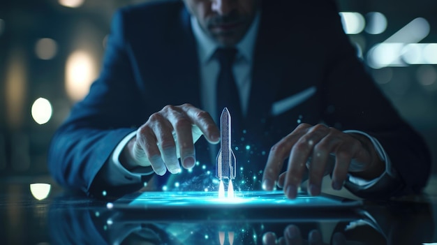 Las manos de un hombre interactuando con una pantalla holográfica futurista que proyecta un lanzamiento de cohete