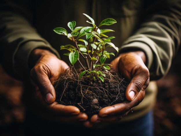 Las manos de un hombre mayor sosteniendo una pequeña planta verde en el suelo