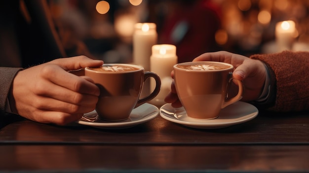 Manos de un hombre y una mujer sentados en la mesa sosteniendo café