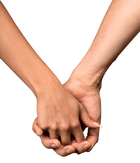 Foto manos de hombre y mujer sosteniendo juntos sobre blanco