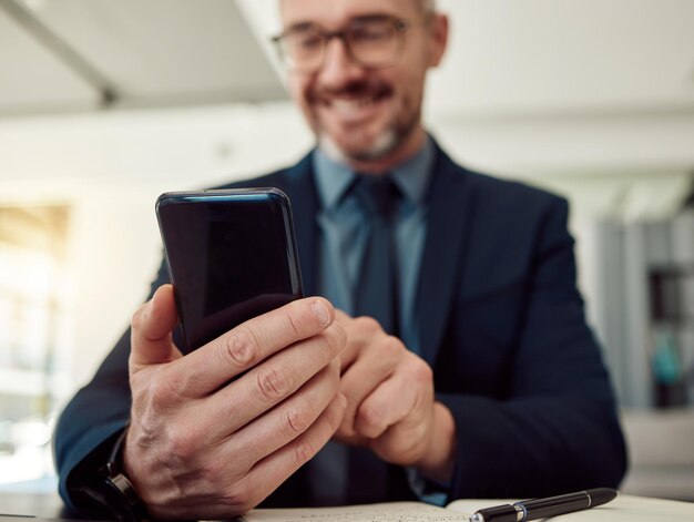 Foto manos de hombre de negocios y escribiendo con el teléfono en la aplicación de noticias corporativas leyendo información del mercado de valores y negociando en línea primer plano del comerciante empresario y notificación de chat móvil para la red social