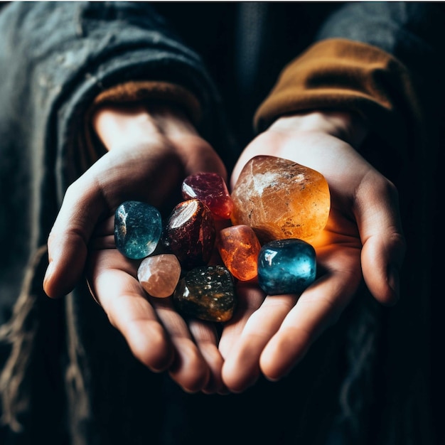 Manos de un hombre con un puñado de piedras de colores en sus manos