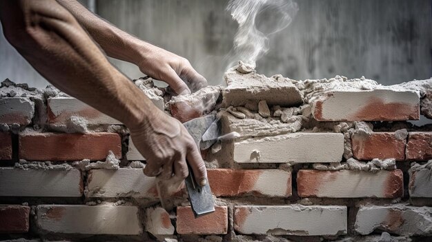 manos del hombre quitando ladrillos con alicates en una pared al estilo de apilamiento de enfoque