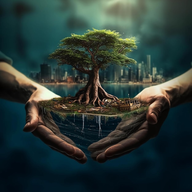 Manos de un hombre sosteniendo un árbol con raíces en el interior para simbolizar un concepto ambiental
