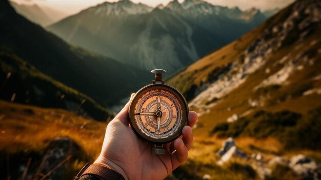 Las manos del hombre sosteniendo una brújula en el fondo de un paisaje épico con rocas AI Generativa AI