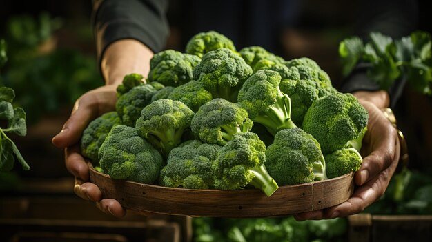 Las manos de un hombre sosteniendo una caja de madera con verduras de brócoli