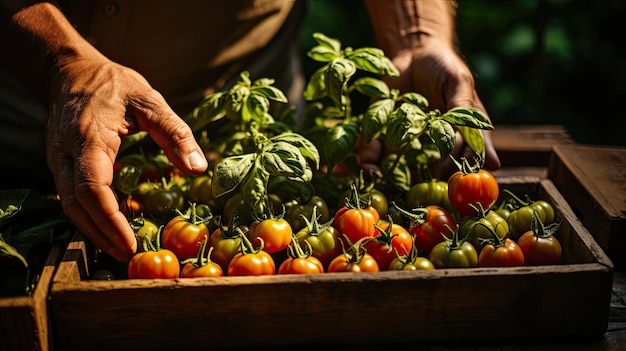 las manos de un hombre sosteniendo una caja de madera con zanahorias