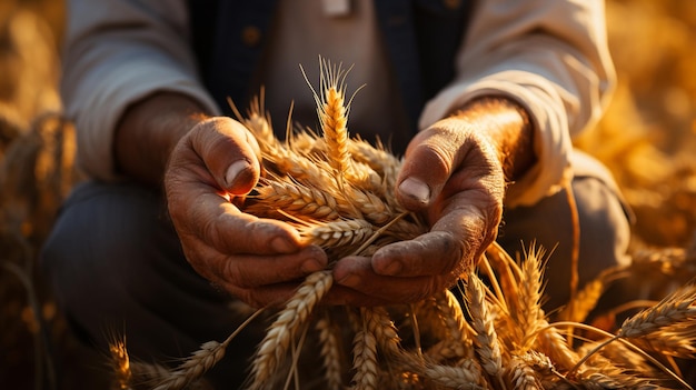 manos de hombre sosteniendo granos de trigo maduros en un campo de agricultores